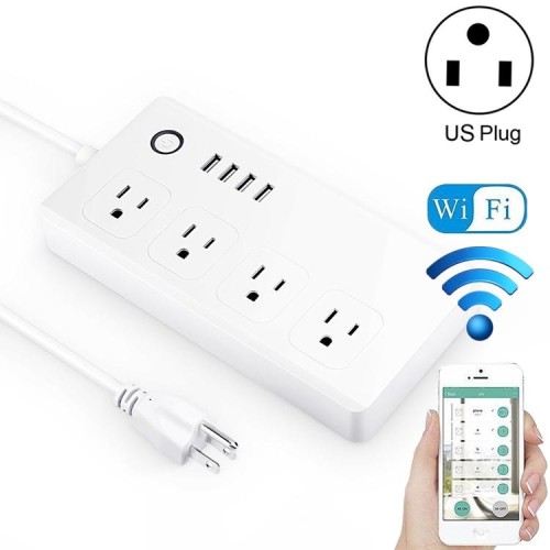 4 x porte USB + 4 x presa US Plug Jack WiFi Telecomando Smart Power Presa Funziona con Alexa e Google Home, CA 110-240 V, spina USA