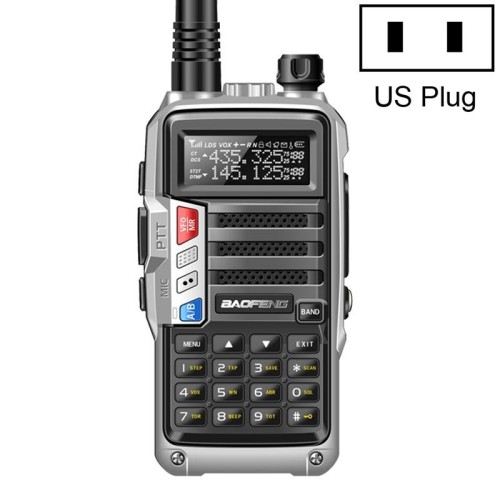 Baofeng BF-UV5R Plus S9 FM Interphone Walkie Talkie portatile, spina americana (argento)