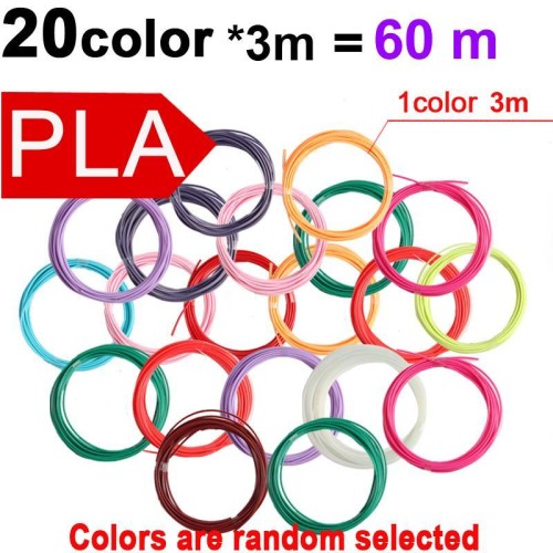 Filamento per stampante 3D PLA da 60 m, 20 colori x 3 m, 1,75 mm, multicolore, per penna 3D e artigianato