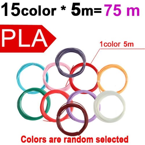 Filamento per stampante 3D PLA da 75 m, 15 colori x 5 m, 1,75 mm, multicolore, per penna 3D e lavori creativi