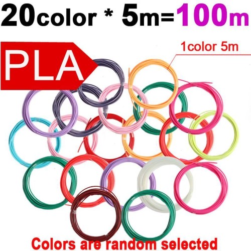 Filamento per stampante 3D PLA da 100 m, 20 colori x 5 m, 1,75 mm, multicolore, per penna 3D e artigianato