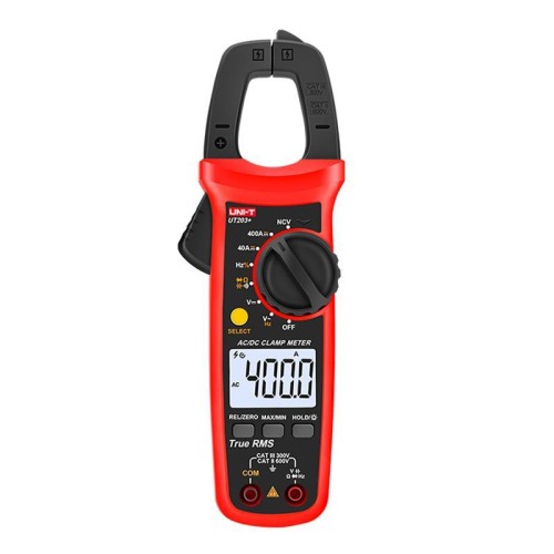 UNI-T UT203+ Pinza amperometrica digitale a vero valore efficace (TRMS) con auto-range 400 A AC/DC con NCV, LCD retroilluminato, rilevamento cavi sotto tensione e mantenimento dati