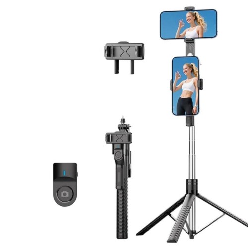 K50 Treppiede estensibile per streaming live da 1,9 m, clip per telefono doppio, bastone per selfie Bluetooth (nero)