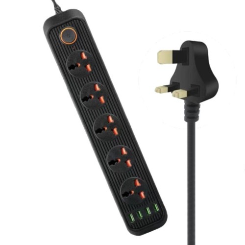 A03 2m 3000W 5 spine + 4 porte USB Presa ignifuga multifunzionale con interruttore (spina UK)