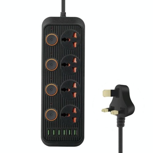 A05 2m 3000W 4 spine + 6 porte USB Presa ignifuga multifunzionale con interruttore (spina UK)