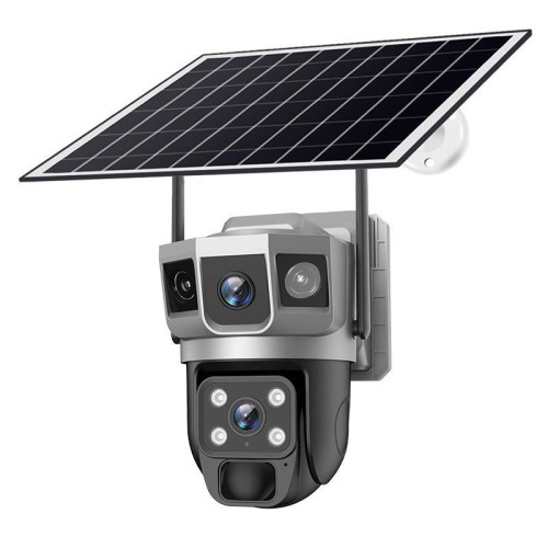 Telecamera di sorveglianza solare panoramica multi-obiettivo VTS02 da 4 MP con cupola PTZ, modello: European 4G (nera)