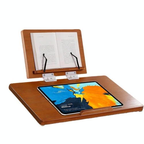 Supporto per tablet e leggio in bambù a 2 livelli, altezza regolabile a 6 livelli e supporto per laptop, 50x36 cm, marrone
