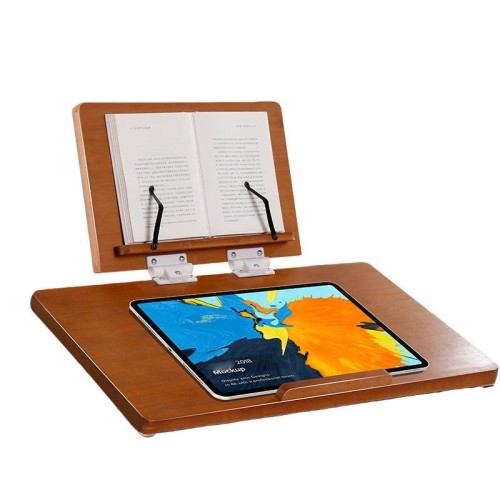 Supporto per tablet e leggio in bambù a 2 livelli, altezza regolabile a 6 livelli e supporto per laptop, 65x36 cm, marrone