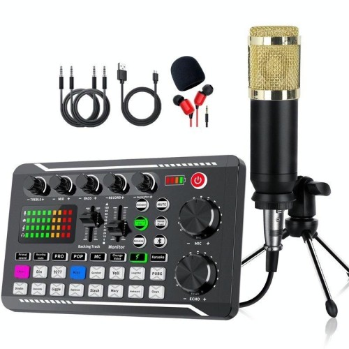 Scheda audio F998 con microfono a condensatore BM800, kit completo per karaoke e trasmissione, treppiede dorato