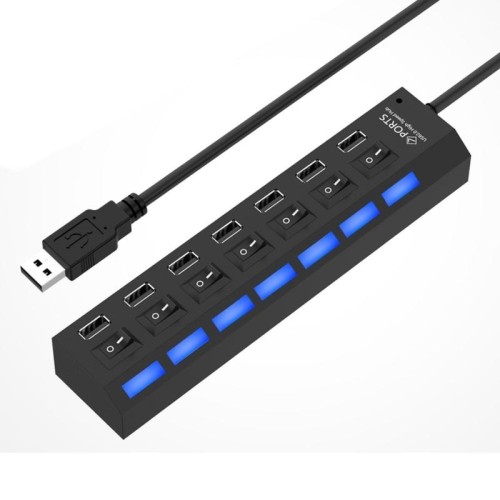 7 porte HUB USB 2.0 USB Splitter ad alta velocità 480 Mbps con interruttore on / off / 7 LED (nero)