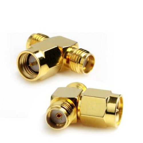 Adattatore SMA maschio a 2 SMA femmina (tipo T), placcato in oro (giallo)