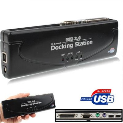 Docking station Hi-Speed ​​USB 2.0 con 8 porte (2xUSB 2.0 + PS2 Mouse + tastiera PS2 + RS232 + DB25 + LAN + a monte), nero (nero)