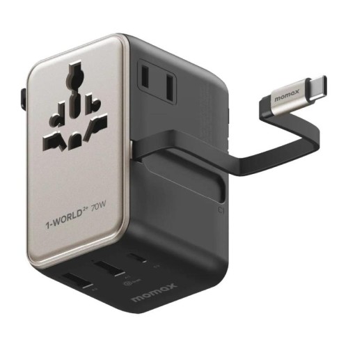 Caricabatterie da viaggio universale GaN MOMAX UA30 1-World 2+ 70W Dual AC con cavo retrattile (oro titanio)