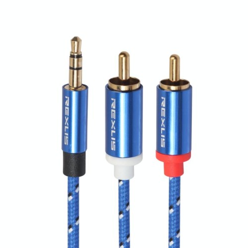 REXLIS 3610 3,5 mm maschio a doppia spina RCA placcata in oro Cavo audio intrecciato in cotone blu per altoparlante attivo interfaccia di ingresso RCA, lunghezza: 1 m
