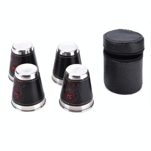 4 in 1 70ml Stoviglie da campeggio all'aperto Tazze da viaggio Set Forniture da picnic Bicchiere da birra per vino in acciaio inossidabile Tazze da whisky Pelle PU