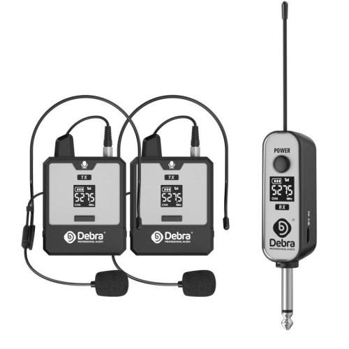 Sistema microfonico wireless UHF indossabile DEBRA DT-02, 2 trasmettitori e 1 ricevitore (nero)