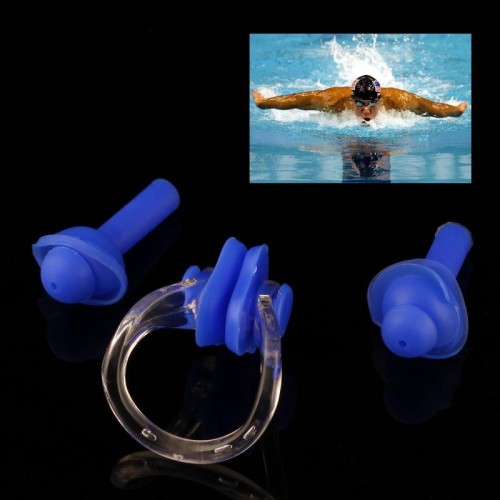 Set di tappi per le orecchie e clip per il naso in silicone morbido (blu)