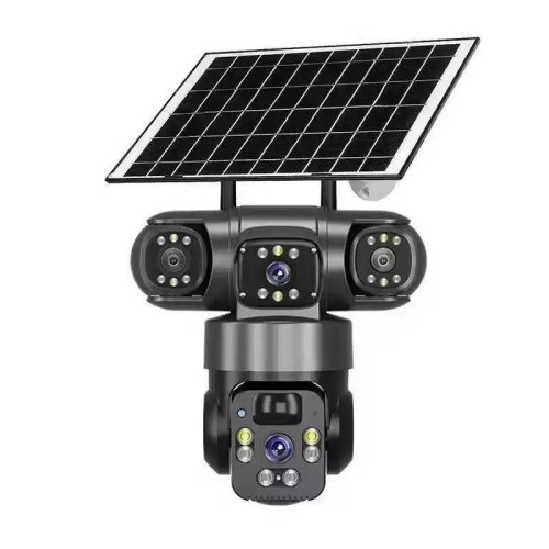 Telecamera di sorveglianza wireless WiFi a energia solare V380 Pro da 2 MP con triplo obiettivo panoramico a 360 gradi (nera)