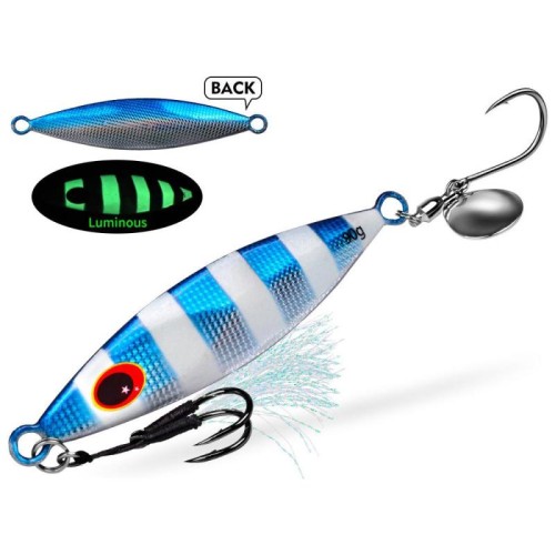 PROBEROS LF179 Esche artificiali in metallo per jigging con paletta rotante fosforescente per la pesca in acqua salata, misura: 90 g (colore A)