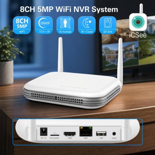 Sistema NVR wireless a 8 canali per telecamere di sicurezza da 5 MP/3 MP, registratore video di rete WiFi, supporto per HDD da 2,5 pollici e scheda TF, spina UK.
