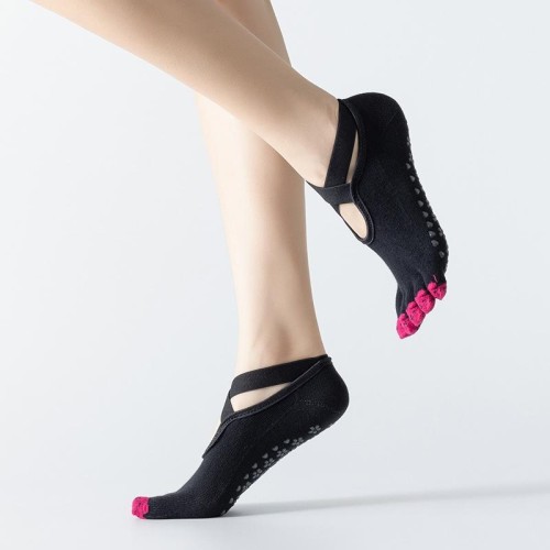 Calzini da yoga professionali Calzini in cotone da ballo con cinturino a punta divisa a cinque dita antiscivolo, taglia: taglia unica (blu scuro)