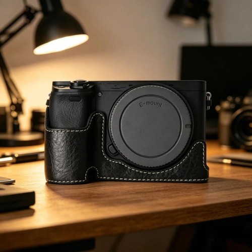 Custodia a mezza lunghezza in pelle PU per fotocamera Sony Alpha 6400 con motivo litchi vintage, base protettiva inferiore e accesso magnetico alla batteria (nera)