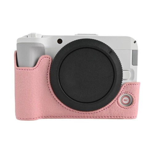 Custodia a mezza lunghezza in similpelle vegana con texture litchi per fotocamera Canon EOS R50 V (rosa)