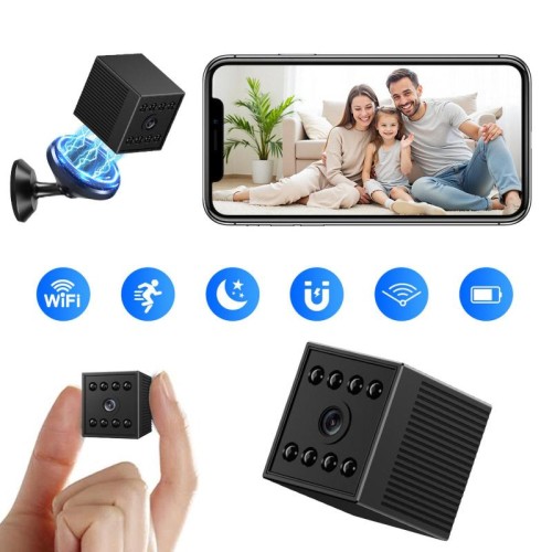 Mini telecamera WiFi ricaricabile W10, senza fili, 1080P, per interni, con base magnetica e visione notturna (nera)
