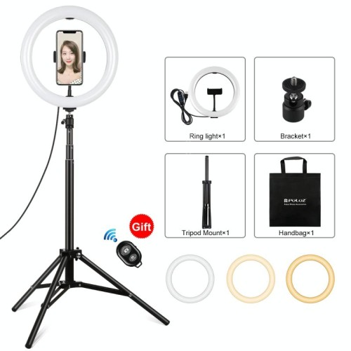 PULUZ 10.2 pollici 26 centimetri Light + 1.65m treppiede superficie curva USB Temperatura 3 modalità dimmerabile a due colori Anello Vlogging video live luce Kit Broadcast con Phone & pinza selfie telecomando (Nero)