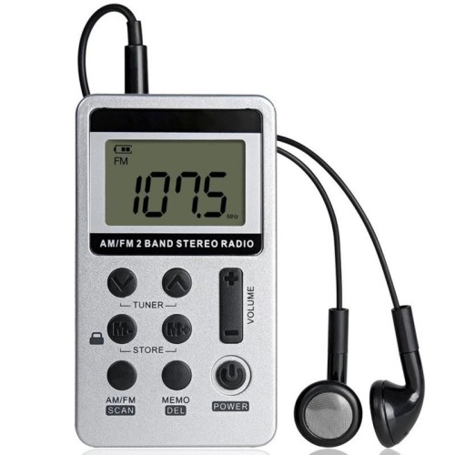 HRD-103 Radio portatile FM + AM a due bande con cordino e auricolare (argento)