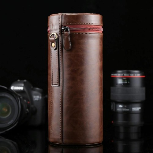 Custodia per obiettivo extra large Custodia in pelle PU con cerniera per obiettivo per fotocamera DSLR, dimensioni: 24,5 * 10,5 * 10,5 cm (caffè)