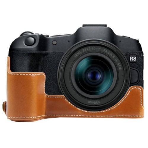 Per Canon EOS R8 1/4 di pollice filo PU pelle fotocamera mezza custodia base (caffè)