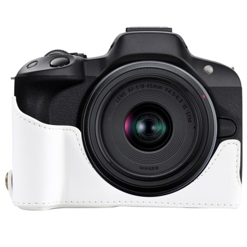Per Canon EOS R50 Base per mezza custodia in pelle PU con filettatura da 1/4 di pollice (caffè)