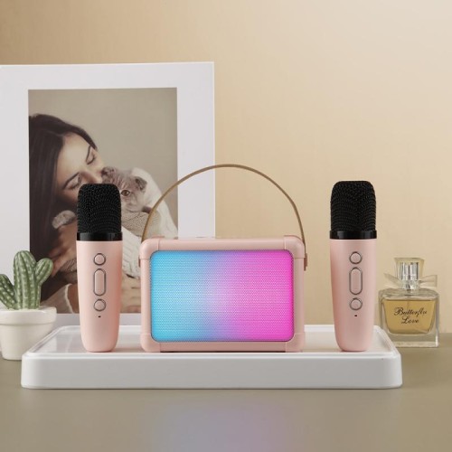 Altoparlante Bluetooth portatile con effetto di illuminazione RGB Mini audio karaoke per la casa, Stile: doppio microfono + altoparlante (Beige)