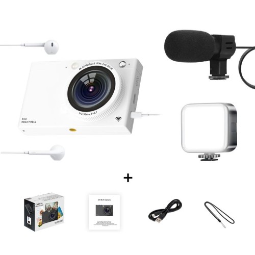 Fotocamera digitale CCD ad alta definizione Fotocamera con scheda WiFi da 64 milioni, colore: bianco + microfono/luce di riempimento/cavo per cuffie