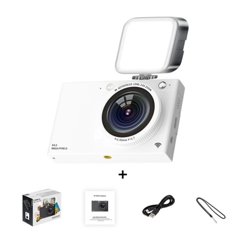 Fotocamera digitale CCD ad alta definizione Fotocamera con scheda WiFi da 64 milioni, colore: bianco + luce di riempimento