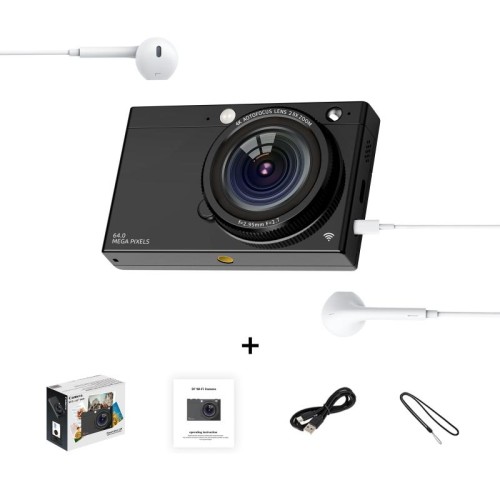 Fotocamera digitale CCD ad alta definizione Fotocamera con scheda WiFi da 64 milioni, colore: nero + cavo per cuffie