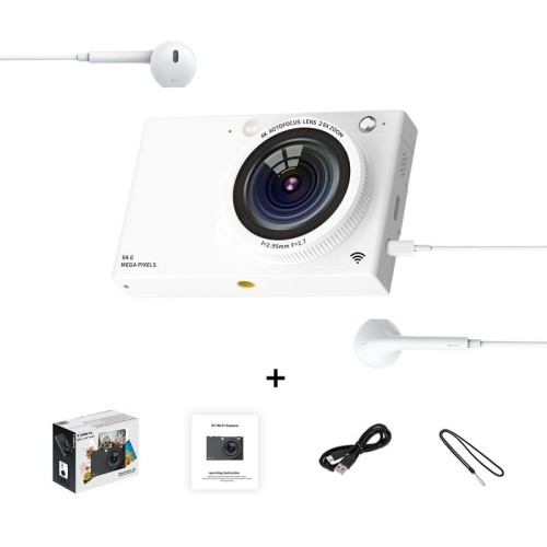 Fotocamera digitale CCD ad alta definizione Fotocamera con scheda WiFi da 64 milioni, colore: bianco + cavo per cuffie