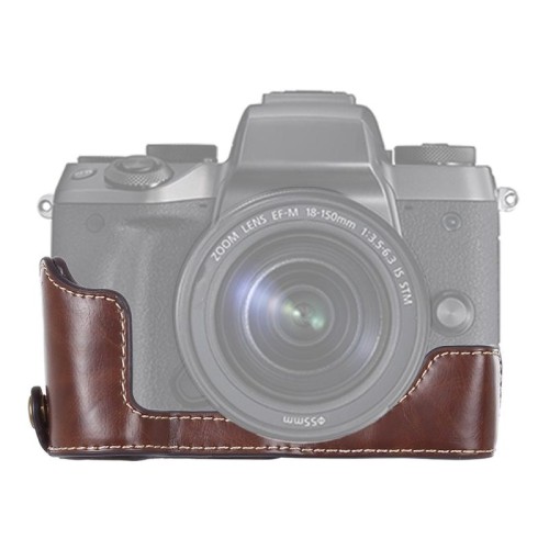 Base mezza custodia per fotocamera in pelle PU con filettatura da 1/4 di pollice per Canon EOS M5 (marrone)