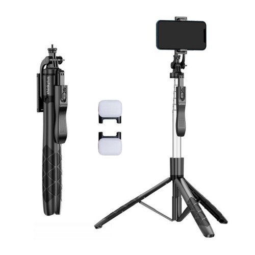 Lenovo Thinkplus H18B Flagship Selfie Stick Bluetooth in acciaio inossidabile con doppia luce di riempimento, 1,8 m (nero)