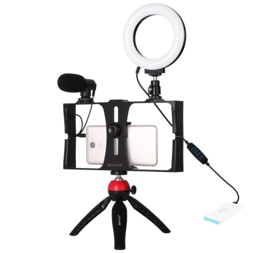 PULUZ 4 in 1 Vlogging Live Broadcast Smartphone Video Rig + Kit di luci per selfie a LED con anello da 12 cm da 4,7 pollici con microfono + supporto per treppiede + testa per treppiede a scarpa fredda per iPhone, Galaxy, Huawei, Xiaomi, HTC, LG, Google e