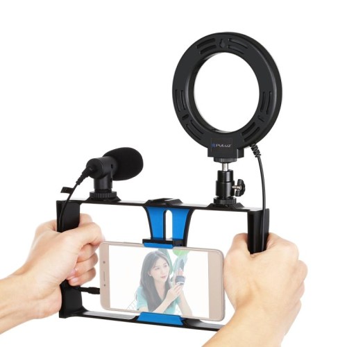 PULUZ 3 in 1 Vlogging Live Broadcast Smartphone Video Rig + Microfono + 4.7 pollici 12cm Ring LED Selfie Light Kit con testa treppiede Cold Shoe per iPhone, Galaxy, Huawei, Xiaomi, HTC, LG, Google e altri smartphone (rosso)
