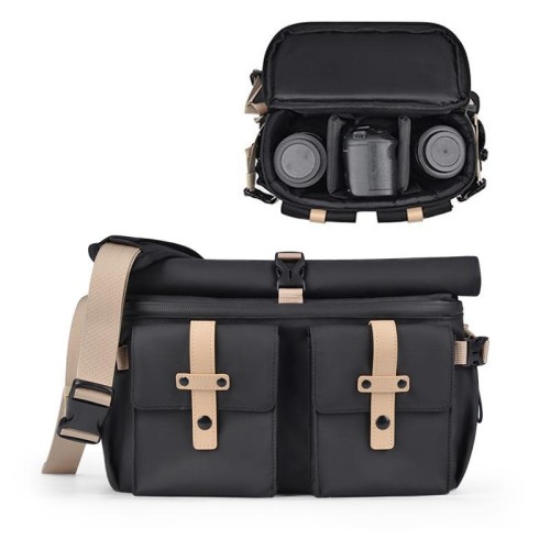 Cwatcun D90 Borsa per fotocamera a tracolla singola in colore a contrasto Borsa per fotocamera da esterno Borsa a tracolla professionale, Dimensioni: 27 x 17 x 18,5 cm Media (Nero)