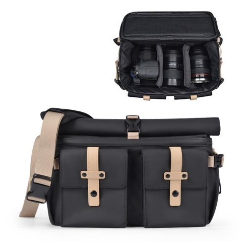 Cwatcun D90 Borsa per fotocamera a tracolla singola in colore a contrasto Borsa per fotocamera da esterno Borsa a tracolla professionale, Dimensioni: 30,5 x 19 x 20 cm Grande (Nero)