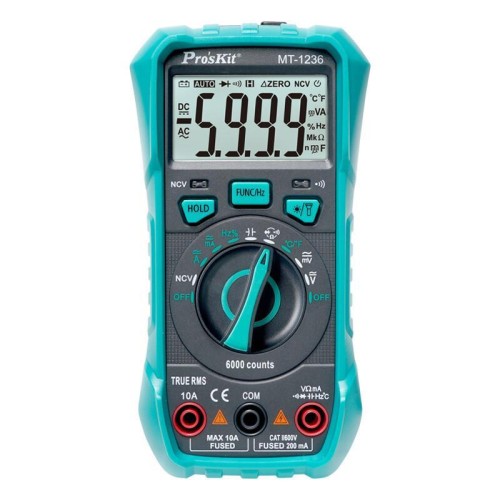 ProsKit MT-1236-C 3-5/6 Multimetro digitale True-RMS per ACA, ACV, DCA, DCV, frequenza, ciclo di lavoro, test diodi (verde)