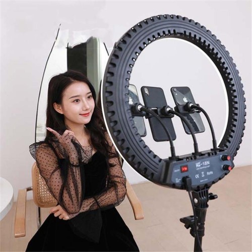 HQ-18N Kit di luci video per fotografia di vlogging con anello a LED da 18 pollici da 45 cm con telecomando, morsetto per telefono e supporto per treppiede da 2,1 m, spina europea