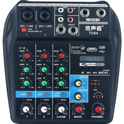 TU04 BT Sound Mixing Console Registra 48V Phantom Power Monitor AUX Percorsi, più effetti 4 canali Audio Mixer con USB