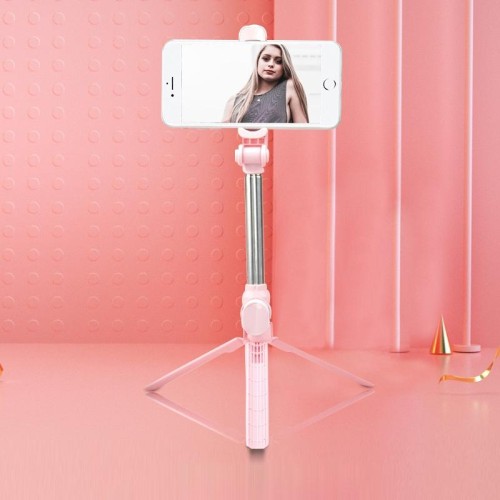 Supporto per telefono cellulare Bluetooth con treppiede e selfie stick (rosa)