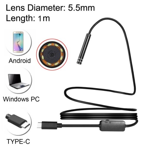 AN97 USB-C / Type-C Endoscopio Impermeabile IP67 Telecamera di ispezione del tubo con 8 LED e adattatore USB, Lunghezza: 1 m, Diametro lente: 5,5 mm