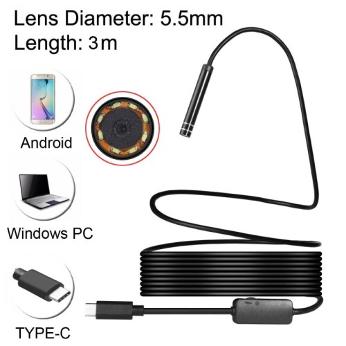 AN97 USB-C / Tipo-C Endoscopio Impermeabile IP67 Telecamera di ispezione del tubo con 8 LED e adattatore USB, Lunghezza: 3 m, Diametro obiettivo: 5,5 mm